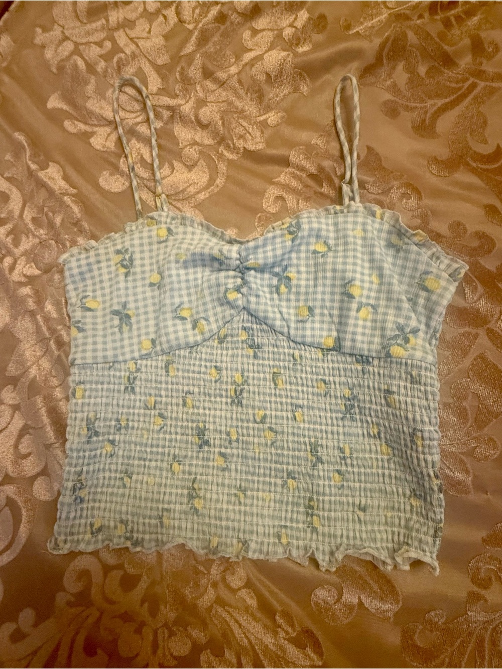 Wild Fable Smocked Blue & White Gingham Lemon Print Cami Top-Blue/Yellow-Size M